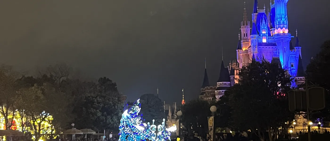 Tokyo Disneyland's Cinderella Castle lit in blue at night, seen from World Bazaar